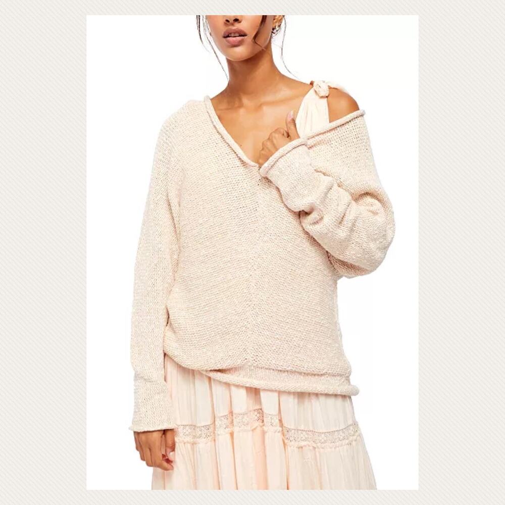 Free People Bright Lights V- Neck Neutral Knit Slouchy Sweater Size L